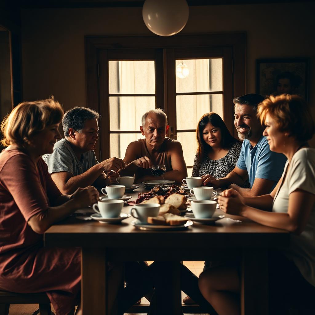 Família reunida em torno da mesa tomando café