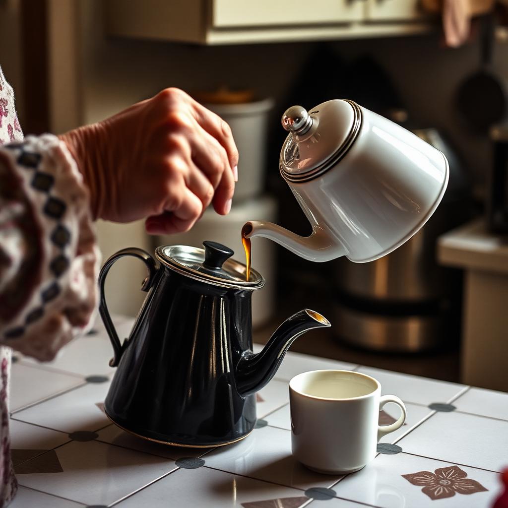 Mãos servindo café em xícara em cozinha tradicional