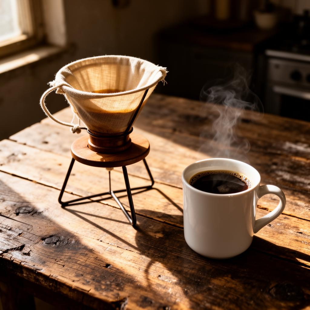 Coador de pano sobre mesa de madeira com xícara de café fumegante